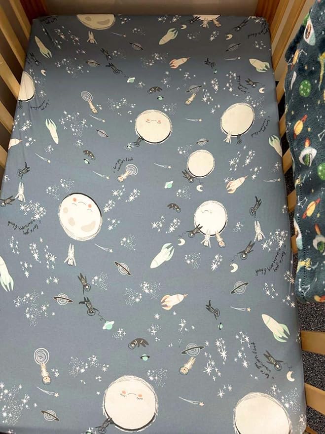 TotAha Space Mini Crib Sheets Fitted, Star & Moon Pack N Play Sheets, Super Stretchy Jersey Knit Playard Sheets, Compatible with Graco Pack N Play Playard Crib and Other Playpen Mattress