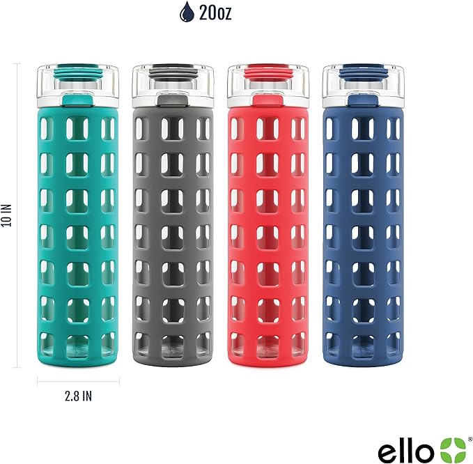 Ello Syndicate Glass Water Bottle with One-Touch Flip Lid and Protective Silicone Sleeve and Carry Loop, BPA Free, Dishwasher Safe,20oz
