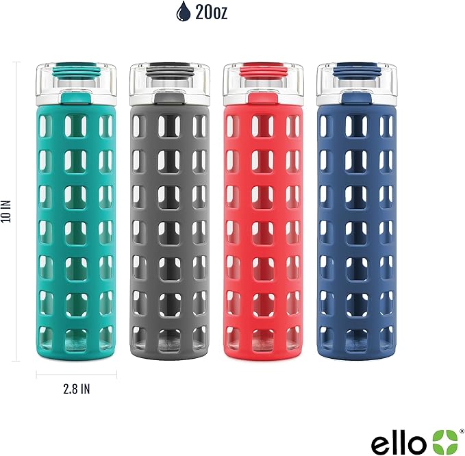 Ello Syndicate Glass Water Bottle with One-Touch Flip Lid and Protective Silicone Sleeve and Carry Loop, BPA Free, Dishwasher Safe,20oz