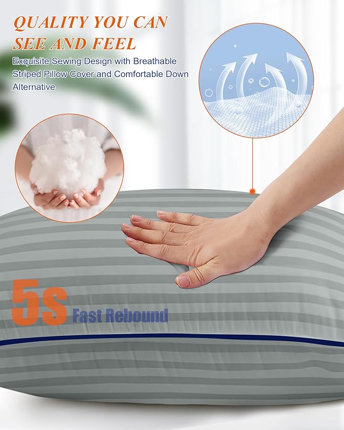 Hotel Pillows for Sleeping Standard Size Set of 2, Soft Down Alternative Pillow for Side, Back or Stomach Sleeper, Light Grey