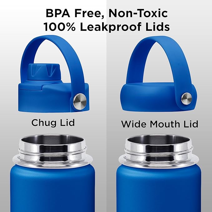 ThermoProof Hot & Cold Insulated Stainless Steel Water Bottle, Durable Leak Proof Gym Bottles for Men, Women & Kids, Double Walled Vacuum Bottles - 2 Lids (Blue, 22oz)