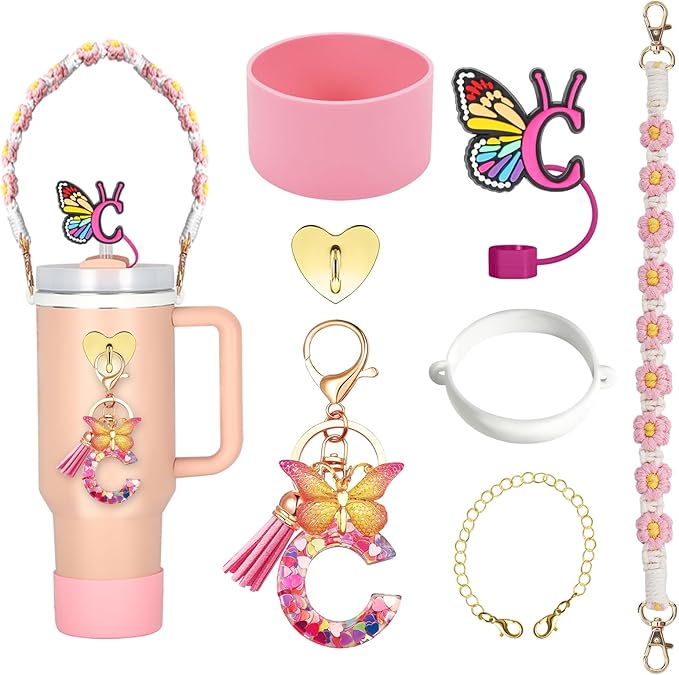 SPORCLO Stanley Cup Accessories Include Silicone Stanley Straw Cover, Butterfly Letter Keychain Charms, Water Bottle Handle Strap, Boot and Chain for Stanley Cup 30oz 40oz Tumbler