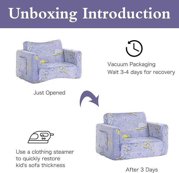 Tiita Kids Sofa, 2-in-1 Kids Sofa Chair, Convertible Children Couch to Lounger, Flip Out Kids Sofa Chair, Toddler Armrest Chair Bed, Folding Kids Play Sofa for Girl or Boy(Blue Astronauts)