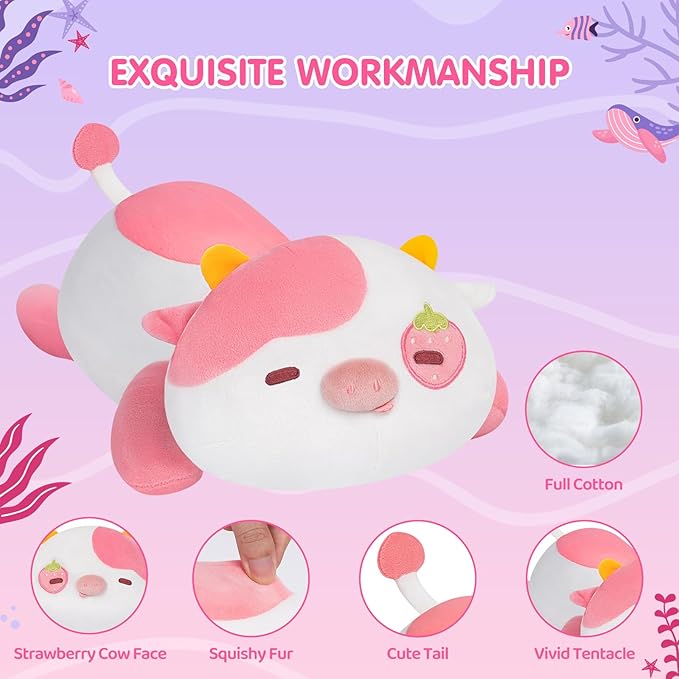 Cute Cow Plush Pillow, Kawaii Plushies Strawberry Cow Stuffed Toys, Squishy Plushies, Cuddle Plush Pillow for Boys & Girls