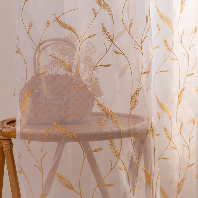 Windows Sheer Curtains Embroider Yellow Leaf 95 Inches Length 2 Panels Voile Light Filtering Sheer Curtains Panel Basic Rod Pocket for Bedroom Living Room Children Room