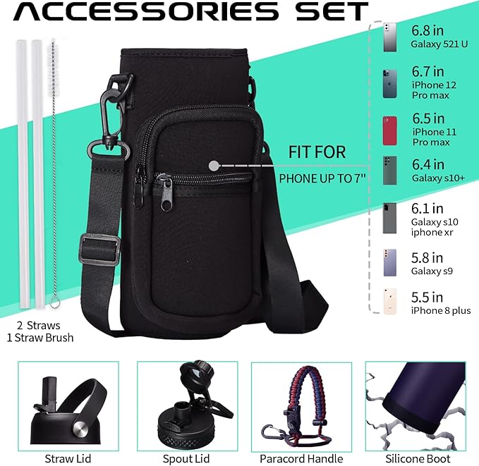 40OZ Stainless-steel Water-Bottle with Straw - Pop-up Spout & Straw Lids, Survival Paracord Handle, Storage Sleeve & Cup Mat, Leak Proof Reusable Insulated Men Women Water Jug for Gym Workout