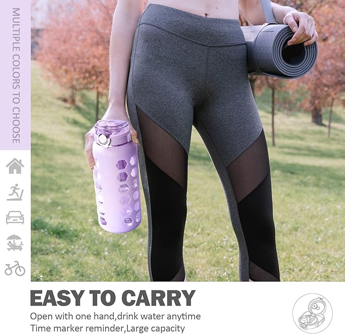 MUKOKO Half Gallon/64 oz Glass Water Bottles with Straw and Lid,Motivational Water Jug with Time Marker Reminder and Silicone Sleeve,100% Leakproof BPA Free Fitness Sports Large Bottle-Purple