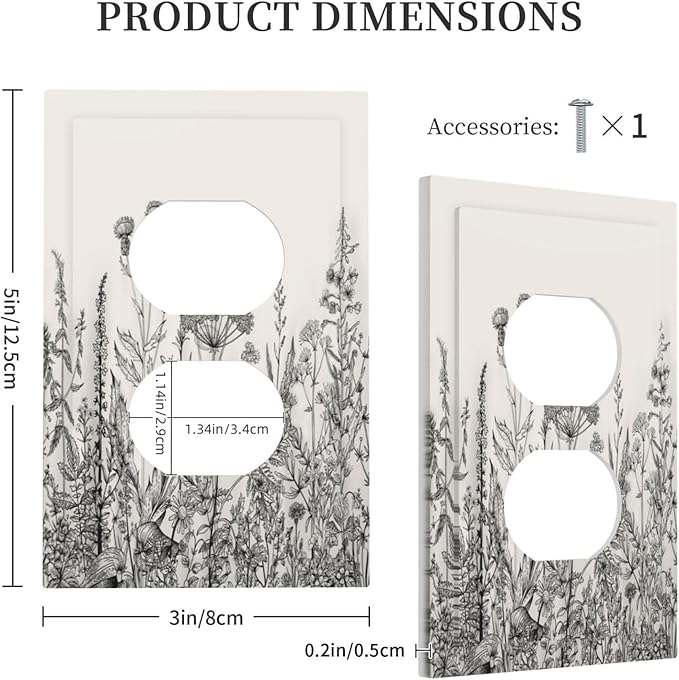 Vintage Grey Floral Herbs Wild Flowers Botanical Single Duplex Wall Plate Covers Boho Light Switch Cover 1 Gang Outlet Plate Decorative Country Electrical Receptacle Art Faceplate Switchplate