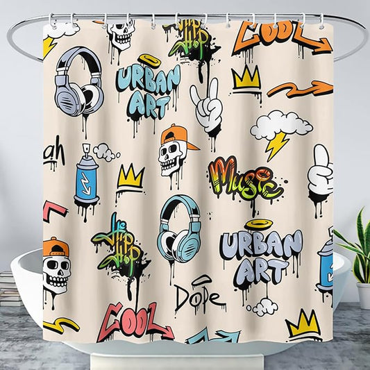 AILONEN Hip-Hop Skull Shower Curtains,Graffiti Music Bath Curtains,Printed Rock Curtains,Polyester Waterproof with 12 Hooks for Bathroom 72" W*72" H
