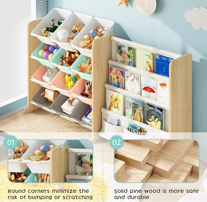 Kids Toy Storage Organizer - Toy Organizer with Kids Bookshelf, Toy Storage with 12 Toy Multi-color Bins and 4 Book Shelves, Toy Organizers and Storage for Playroom, Nursery, Kids Room, Burlywood