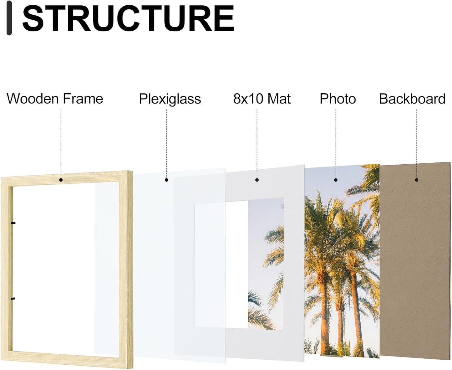 Vittanly 11x14 Picture Frames Set of 9, Shatter Resistant Plexiglass, Display 8x10 Pictures with Mat or 11x14 without Mat, Photo Frames for Wall or Tabletop, Engineered Wood, OAK