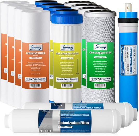 iSpring F15D150 2-Year Replacement Filter Set for 5-Stage 150 GPD RODI Water Filtration Systems, Fits iSpring RCC1D & RCC1DP, 15 Count (Pack of 1)