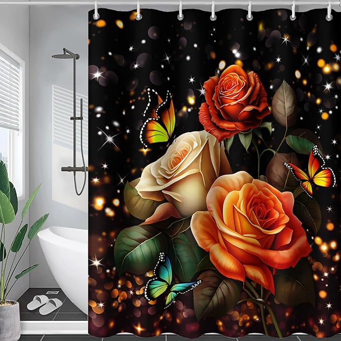 AILONEN Rose Flower Shower Curtain for Bathroom, Glitter Starry Flower Print Bath Curtain,Modern Botanical Floral Butterfly Waterproof Shower Curtain Decoration with 12 Plastic Hooks, 48" W*72" H