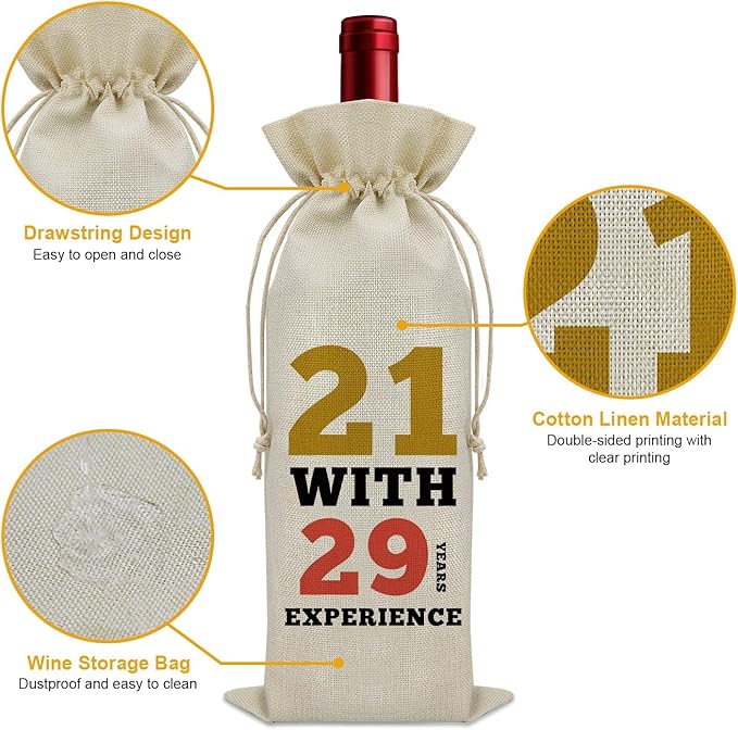 Sazuwu Funny 50th Birthday Gifts Wine Bag 50 Year Old Birthday Gifts for Friend 1974 Birthday Gifts Wine Bottle Decoration Bag 21 with 29 Years Experience Wine Accessories Gifts for Wine Lovers