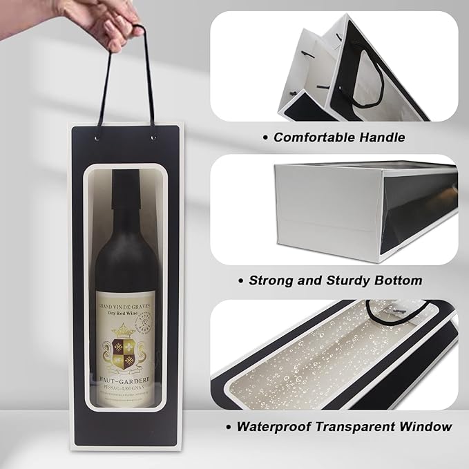 WAKAKO 12 Pcs Wine Gift Bags for Wine Bottles, Reusable Clear Window Wine Bottle Bags Bulk with Handles for Weddings, Valentine's Day, Birthday, Party, Graduations, Thanksgiving (Black)