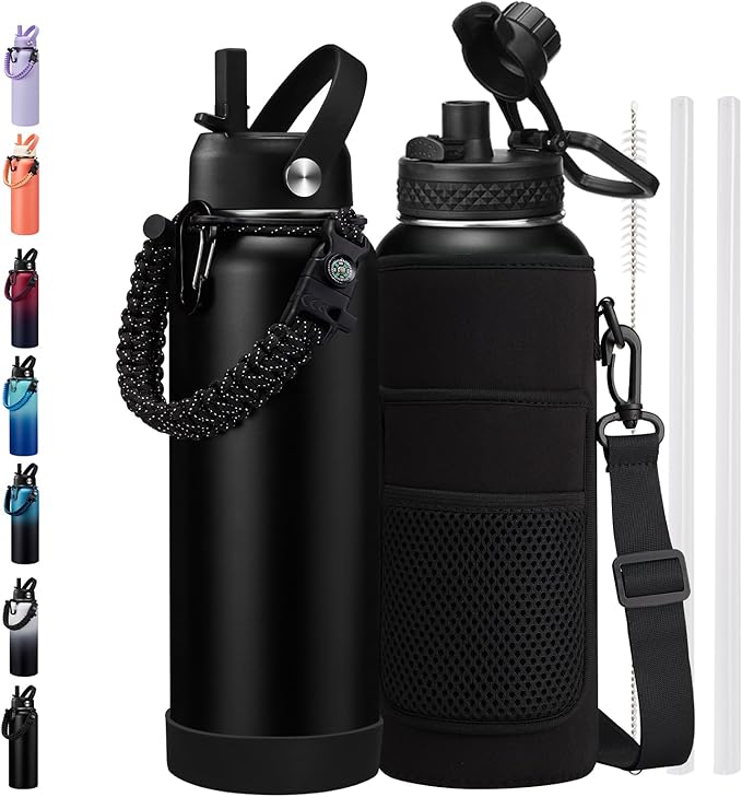 Stainless Steel Water Bottle 40oz with Straw & Auto Spout Lids, Paracord Handle, Protective Boot, Insulated Water Bottle Carrier Bag, Keep Cold-48H & Hot-24H Metal Flask Canteen Bottle