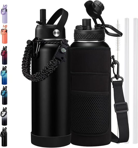 Stainless Steel Water Bottle 40oz with Straw & Auto Spout Lids, Paracord Handle, Protective Boot, Insulated Water Bottle Carrier Bag, Keep Cold-48H & Hot-24H Metal Flask Canteen Bottle