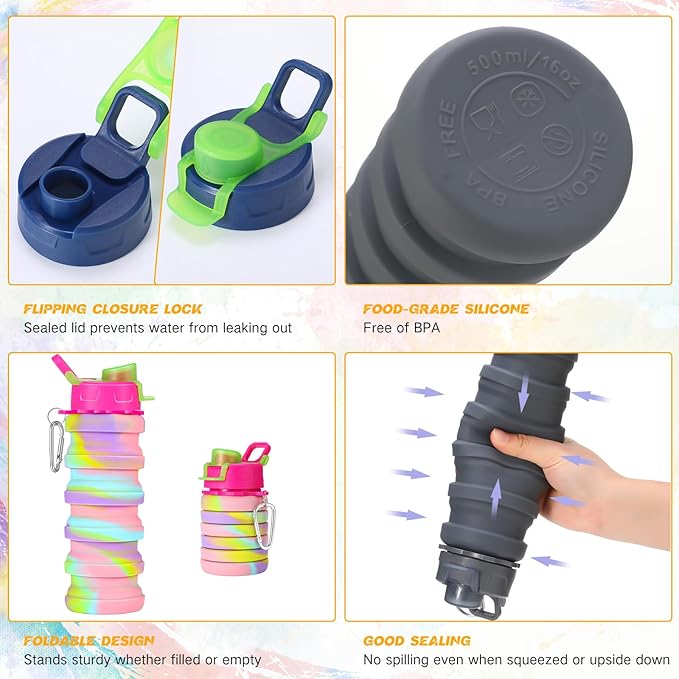 Sunnyray 20 Pack Collapsible Water Bottles 17oz Silicone Portable Water Bottle Bulk Foldable Leak Proof Water Bottle Reusable Camouflage Sports Bottles with Clip for Travel Hiking Camping Outdoor