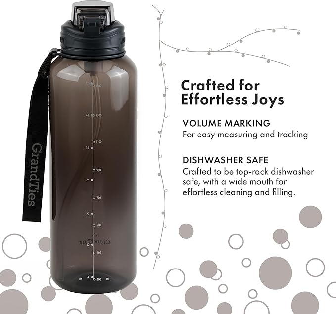 GRANDTIES Sports Tritan Plastic Water Bottle with Straw, Removable – Leakproof BPA Free Dishwasher Safe Travel Water Bottle with Strap for Gym, Outdoor, Fitness (Midnight Black, 52oz (1.5L))