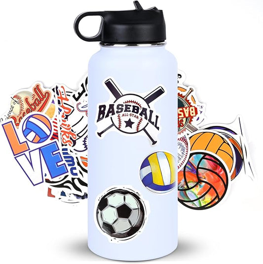 Sport Water Bottle,304 Stainless Steel Double Insulated Water Bottle with 50 Sports Themed Stickers and Lid Straw(32OZ)