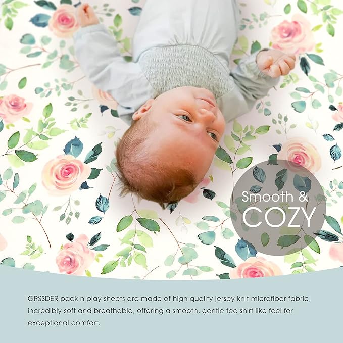GRSSDER Stretchy Ultra Soft Jersey Knit Fitted Pack n Play Sheets Set 2 Pack, Portable/Mini Crib Sheets, Snug and Safe Playards Sheet for Baby, Pink Rose Stylish Print