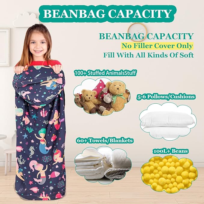 Stuffed Animal Bean Bag Storage Chair for Kids Cover Only (No Filler), Organize, Sit, Play & Boxing, 100% Cotton Canvas Washable, Ultra Soft Cylinder Long Vertical Zipper Best Gift for Child