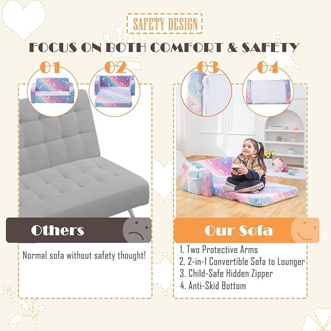 Baby Toddler Sofa Couch for Kids Extra Wide 2-in-1 Toddler Kids Fold Out Couch Bed for Playroom, Pull Out Children Convertible Sofa to Lounger for Boys & Girls with Double Pockets, Pink Horse