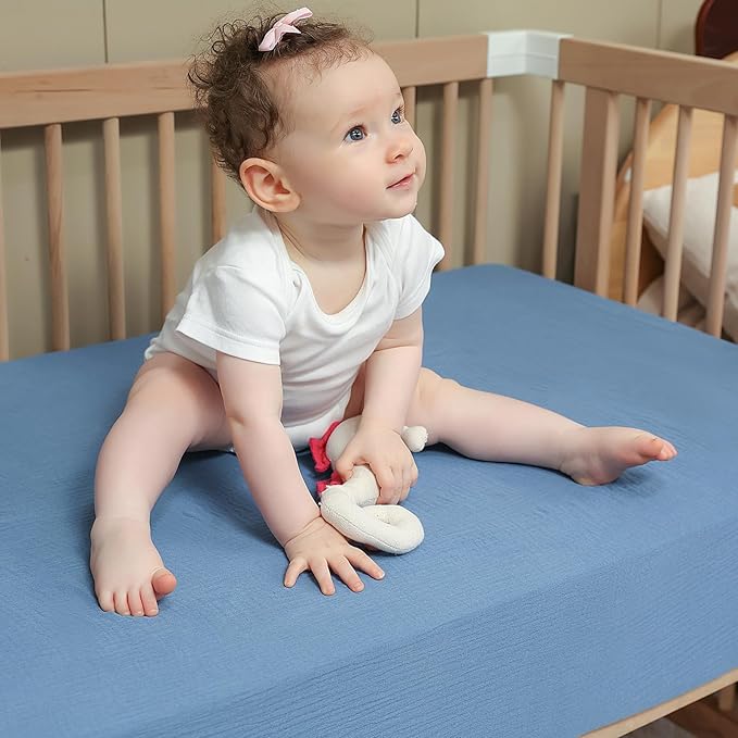Muslin Neutral Crib Sheets for Boys & Girls 2 Pack Blue Set 28"x 52" Rutiwa Breathable Baby Sheets for Crib Organic Cotton Fitted Sheets for Toddler Bed & Standard Crib Mattress Boho Style