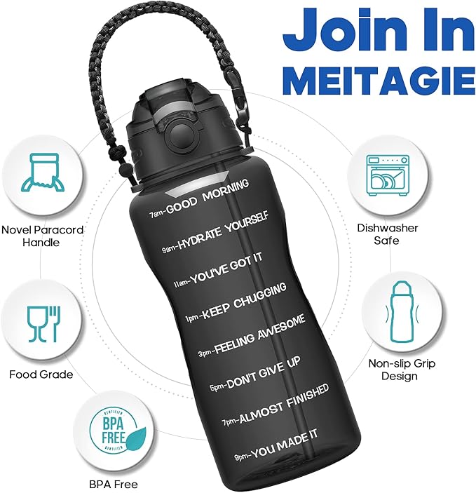 Water Bottles 1 / Half Gallon with Time Marker and Straw, Large Fitness Sports Motivational Bottle, Wide Mouth Leakproof and BPA Free for Travel, Gym,office,school