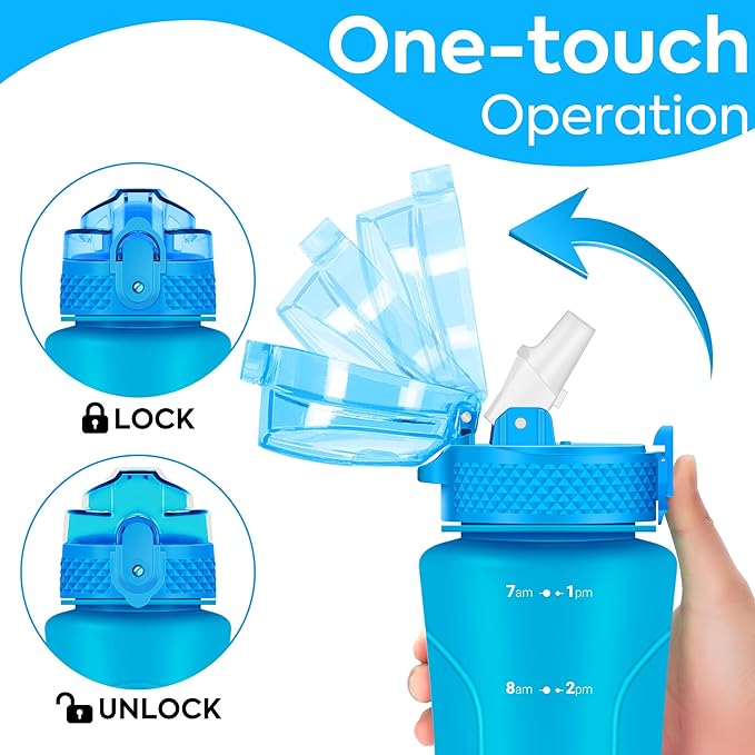 OLDLEY Kids Water Bottle with Straw 15 oz BPA-Free Leak-Proof Motivational Water Bottles with Time Marker for School Sports Travel Gym, Easy to Use for Girls Goys, 1 Straw Lid, Lake