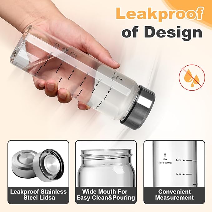 SIEROZUR Juice Bottles - 6 Pack Wide Mouth Glass Bottles with Lids - for Juicing, Smoothies, Infused Water, Beverage Storage - 16oz, BPA Free, Stainless Steel Lids, Leakproof, Reusable, Borosilicate