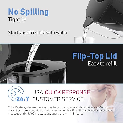 Frizzlife Water Filter Pitcher, Large 10 Cup Purifier with Filter Life Remind, Long Lasting, Adjustable Filtration Speed, Reduces Chlorine, Heavy Metals, Fluoride, Bad Taste & Odor, Dark