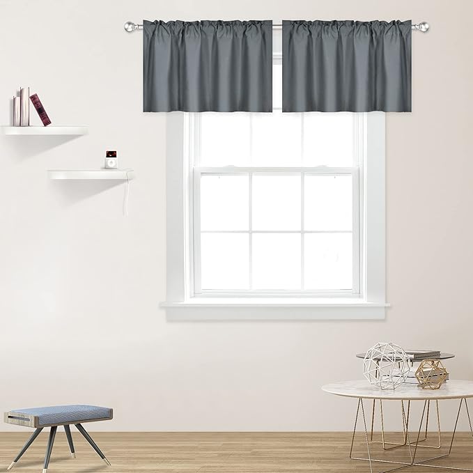 Gray Valance for Windows 42x18 Inch Solid Thermal Insulated Blackout Rod Pocket Kitchen Short Curtain Toppers Grey Valance for Bathroom Living Room 2 Panels