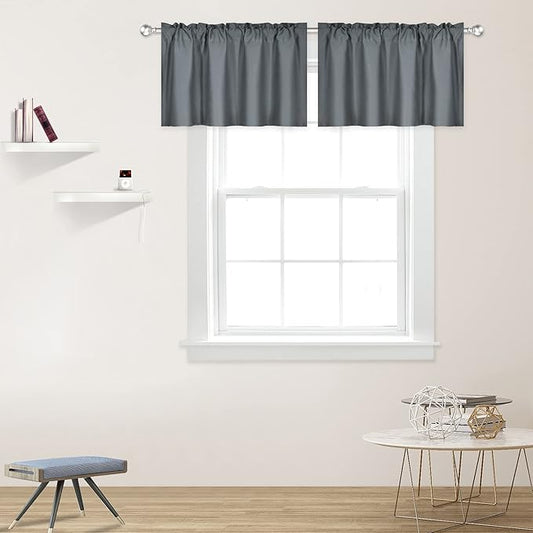 Gray Valance for Windows 42x18 Inch Solid Thermal Insulated Blackout Rod Pocket Kitchen Short Curtain Toppers Grey Valance for Bathroom Living Room 2 Panels