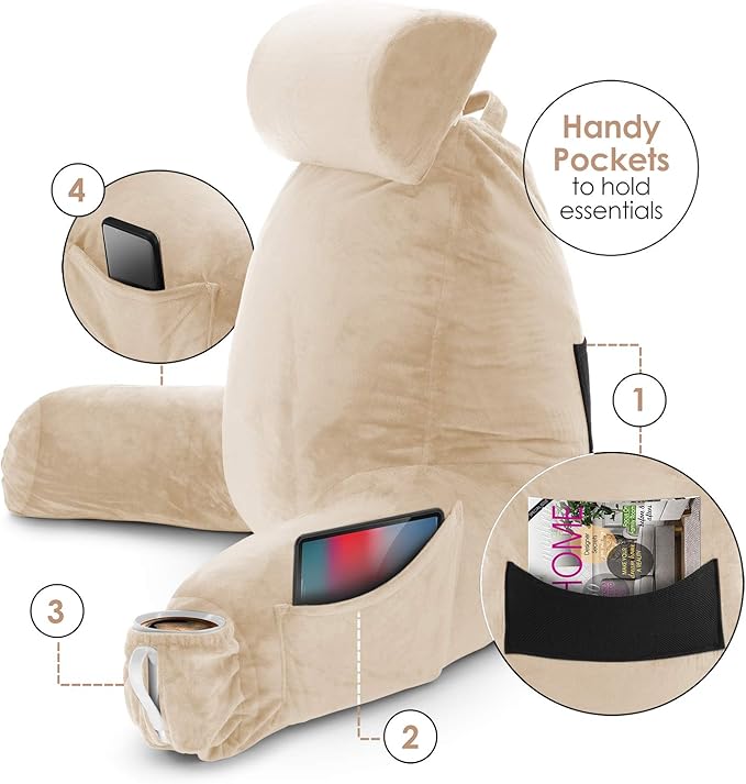 Nestl Reading Pillow Large Bed Pillow, Back Pillow for Sitting in Bed Shredded Memory Foam Chair Pillow, Reading & Bed Rest Pillows Beige Cream Back Pillow for Bed, Bed Chair Arm Pillow with Pockets