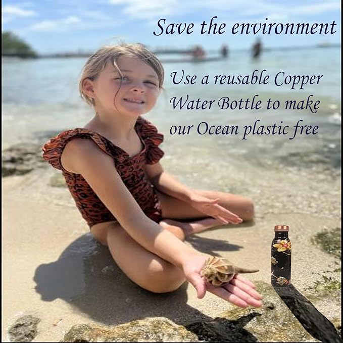 Pure Copper Water Bottle - Handcrafted - Ayurveda health benefits - Small 15 oz - Leak proof - Easy to carry for Sports, Fitness, Yoga, School - Textured Black Base Floral Colorful Enamel.