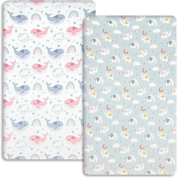Pack n Play Fitted Sheet .2 Piece Mini Crib Sheet. Stretch Playard Sheet Portable Sheet Set. Elastic Convertible Playard Pad. Compatible with Graco Pack n Play (Rainbow Whale & Elephant)