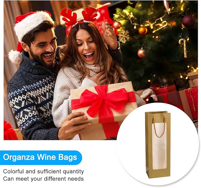 uxcell Wine Bags, 12pcs 4.92"x3.35"x14.2" Wine Gift Bags with Rope Handles, Paper Wine Tote Bag with Clear Window for Wedding Birthday Christmas Party Supplies, Gold