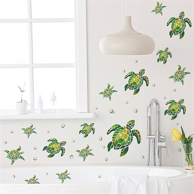 Waterproof Removable Watercolor Turtles Vinyl Wall Decal for Nursery Kidsroom School Classroom Livingroom Bedroom Bathroom Sea Life Sticker in Coastal Ocean Theme