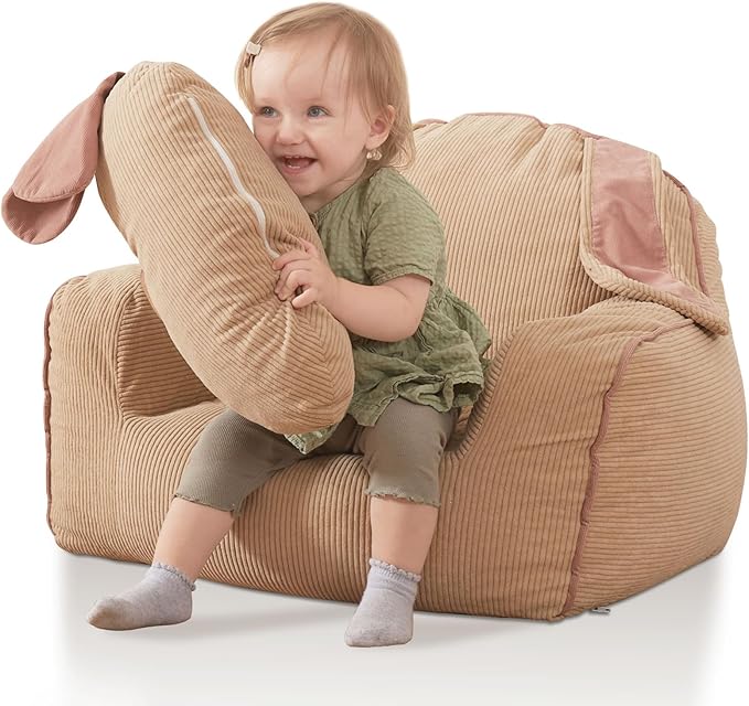 Bunny Kids Sofa Toddler Chair,Toddler Bean Bag Chair with Carrot-Shaped Throw Pillow,Soft Corduroy Cover Comfy Toddler Chair for Reading and Napping, for Boys and Girls,Beige Bunny