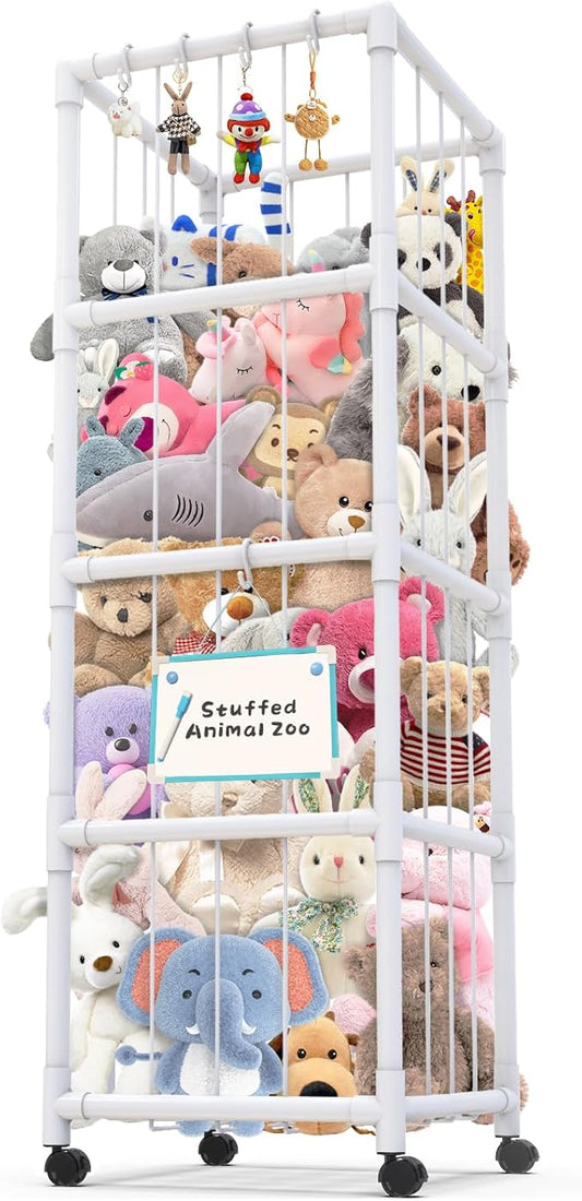 71" Extra Large Stuffed Animal Storage, Stuffed Animal Zoo Storage Cage, Premium PVC with Wheels Toy Storage Holder, Plush Toys Corner Organizer for Kids Playroom, Bedroom, Nursery