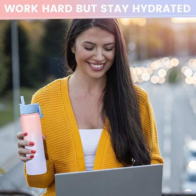 Water Bottle 22oz, Triple Walled Insulated Stainless Steel Reusable Bottle, Silicone Sleeve, Cleaning Brush, 2 Lids (Spout lid & Straw lid w/2 straw), Metal Mug Gallon, BPA Free, Pinky