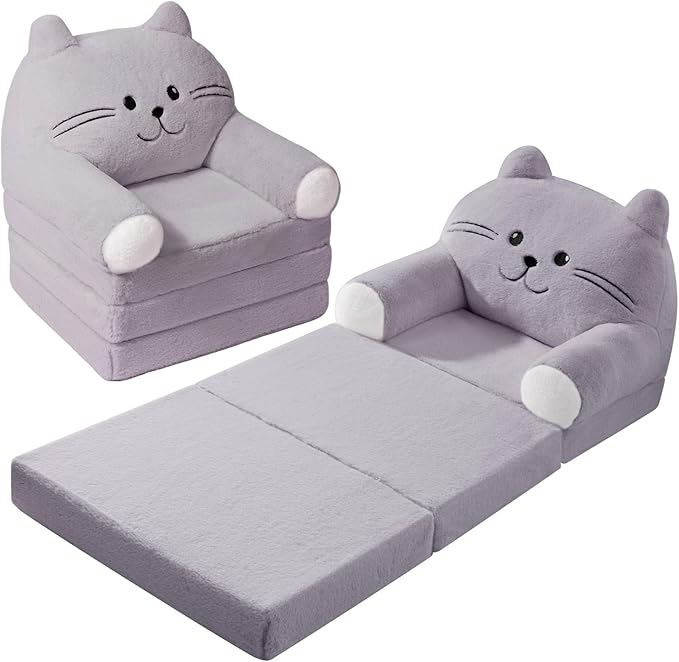 Kids Sofa Chair for Toddler, 2-in-1 Folding Soft Baby Couch with Removable Cover, Comfy Plush Children's Recliner, Convertible Floor Sofa Bed to Lounger for Girls Boys Age 1-3,Cat Grey