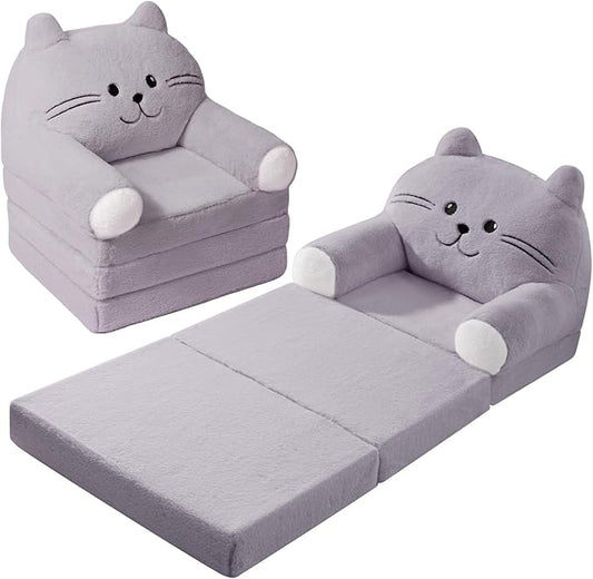Kids Sofa Chair for Toddler, 2-in-1 Folding Soft Baby Couch with Removable Cover, Comfy Plush Children's Recliner, Convertible Floor Sofa Bed to Lounger for Girls Boys Age 1-3,Cat Grey