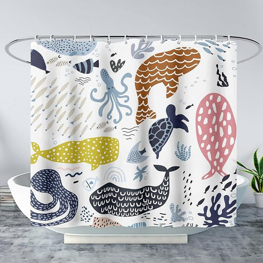 AILONEN Cartoon Dolphin Shower Curtain for Kids 72" W*78" H Inch,Colorful Whales Octopuses Pattern Shower Curtain,Marine Life Theme 12 Pack Hooks Polyester Waterproof Fabric Decor for Bathroom
