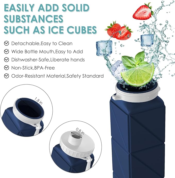 Collapsible Water Bottles,BPA-Free Leak-Proof Silicone Foldable Water Bottle Cup 20.6oz,Durable Lightweight Bottle for Gym Travel Camping Hiking Running (Navy Blue)