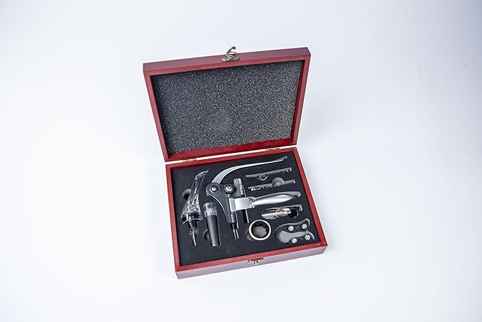 Wine Bottle Opener Set with Accessories Polished Silver in Wood Box, Aerator, Extra Screws, Foil Cutter, Pourer, Vaccu Stopper, Winged Wine Opener, Rabbit Red Wine Corkscrew Set (Polished Silver)