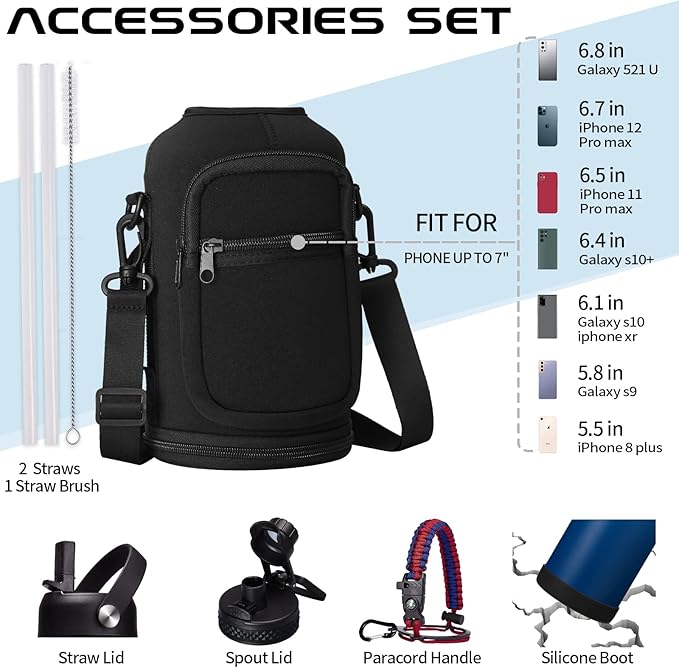 64OZ Vacuum Insulated Water Bottle - Keep Hot Cold Vacuum Flasks with Straw & Spout Lids, Paracord Handle, Water Bottler Carrier Holder & Protective Cup Mat, 1.8L Stainless Steel Water Jug