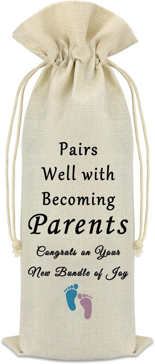 New Parents Gift Promoted to Parents Wine Bag Pregnancy Announcement Gifts for Becoming Parents New Mom New Dad Gifts Baby Shower Gender Reveal Gifts Drawstring Burlap Wine Bag Dad Mom to Be Gifts