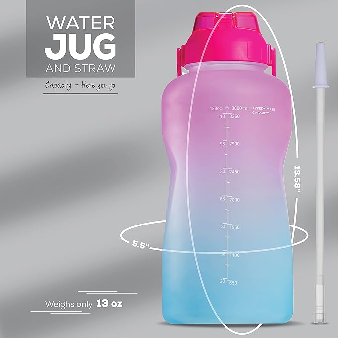Motivational Water Bottle with Straw & Handle,One Gallon Water Bottle 128 oz/3.8L,Reusable Water Jug, Achieve All-Day Hydration SpillProof, BPA FREE